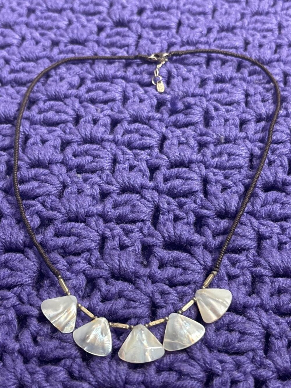 Vintage Guardian Mother of Pearl Silvertone Brown Cord Necklace 17 - 18 inches